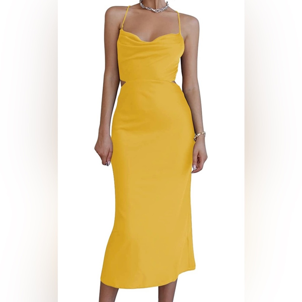 Cowl Neck Layner satin midi dress Medium in Yellow